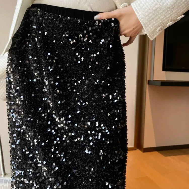 French Elegant Commuter Sequined Fishtail Skirts Elastic High Waist A-line Feather Stitching Black Velvet Long Skirt for Women