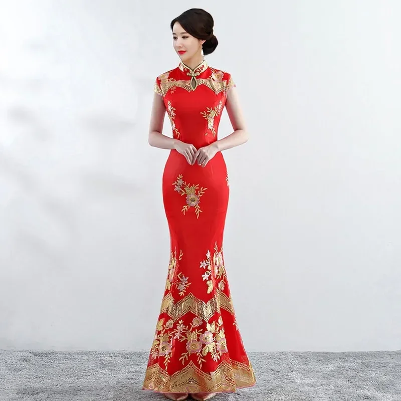 

Red Party Cheongsam Oriental Evening Dress Chinese Traditional Style Women Elegant Qipao Sexy Long Robe Retro Vestido S-3XL