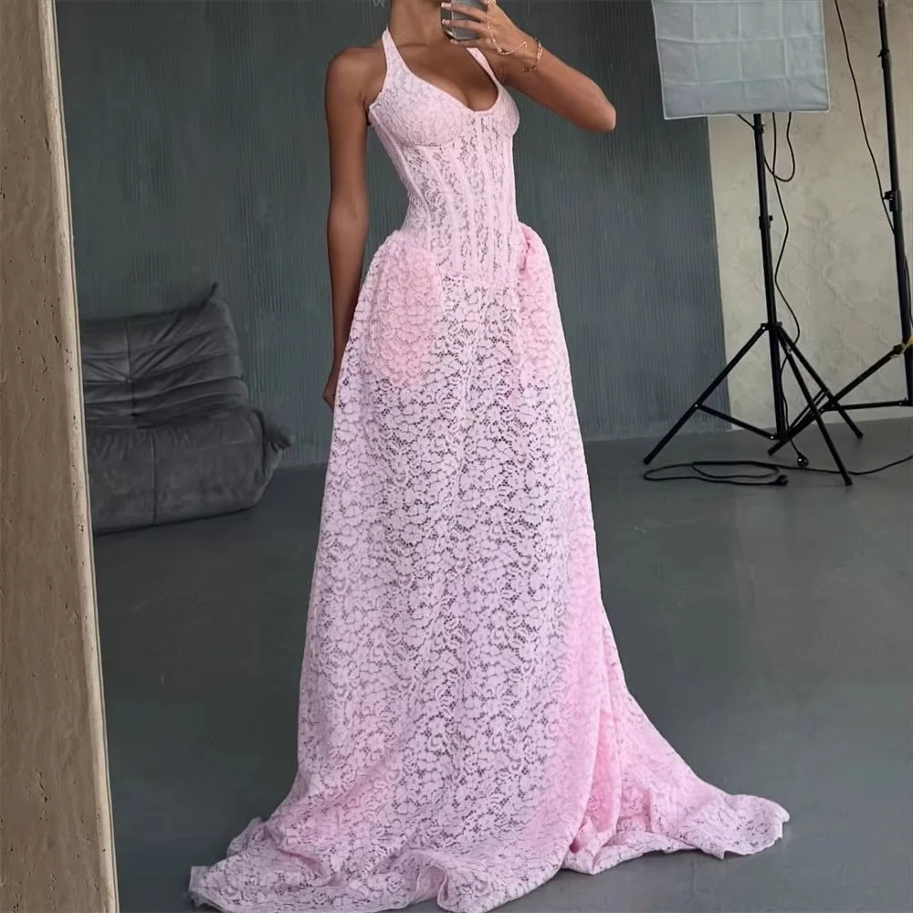 Women Halter Neck Lace Prom Dresses Corset Bodice Mermaid Train Formal Evening Gown Ladies Wedding Party Dresses