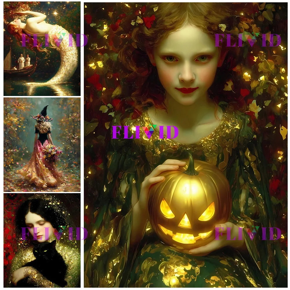 Gothic Halloween Gipsy Fortune Teller Vintage Wall Art Canvas Painting,Witches Gathering Art Poster Dark Forest Print Decor