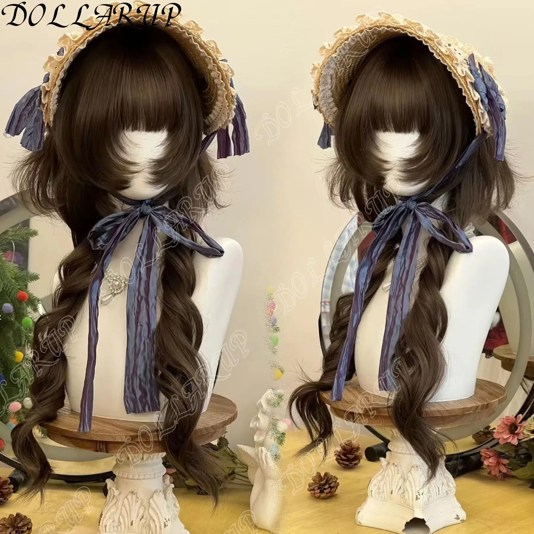 

JKL Shattered bangs with sideburns brown black 50cm double ponytail long curly hair Lolita wig with bangs synthetic wig for