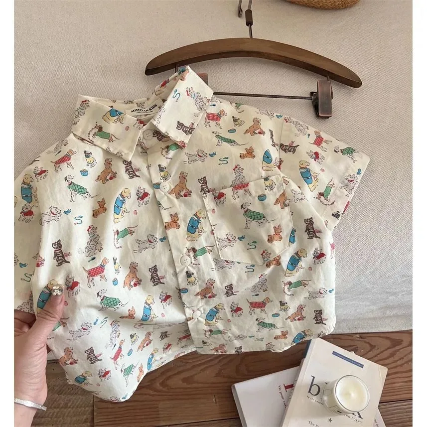 Summer Kid Boys Full Print Cartoon Dogs Short Sleeves Shirts Girl Children Loose Casual Blouses Baby Cotton Tops Toddler Clothes