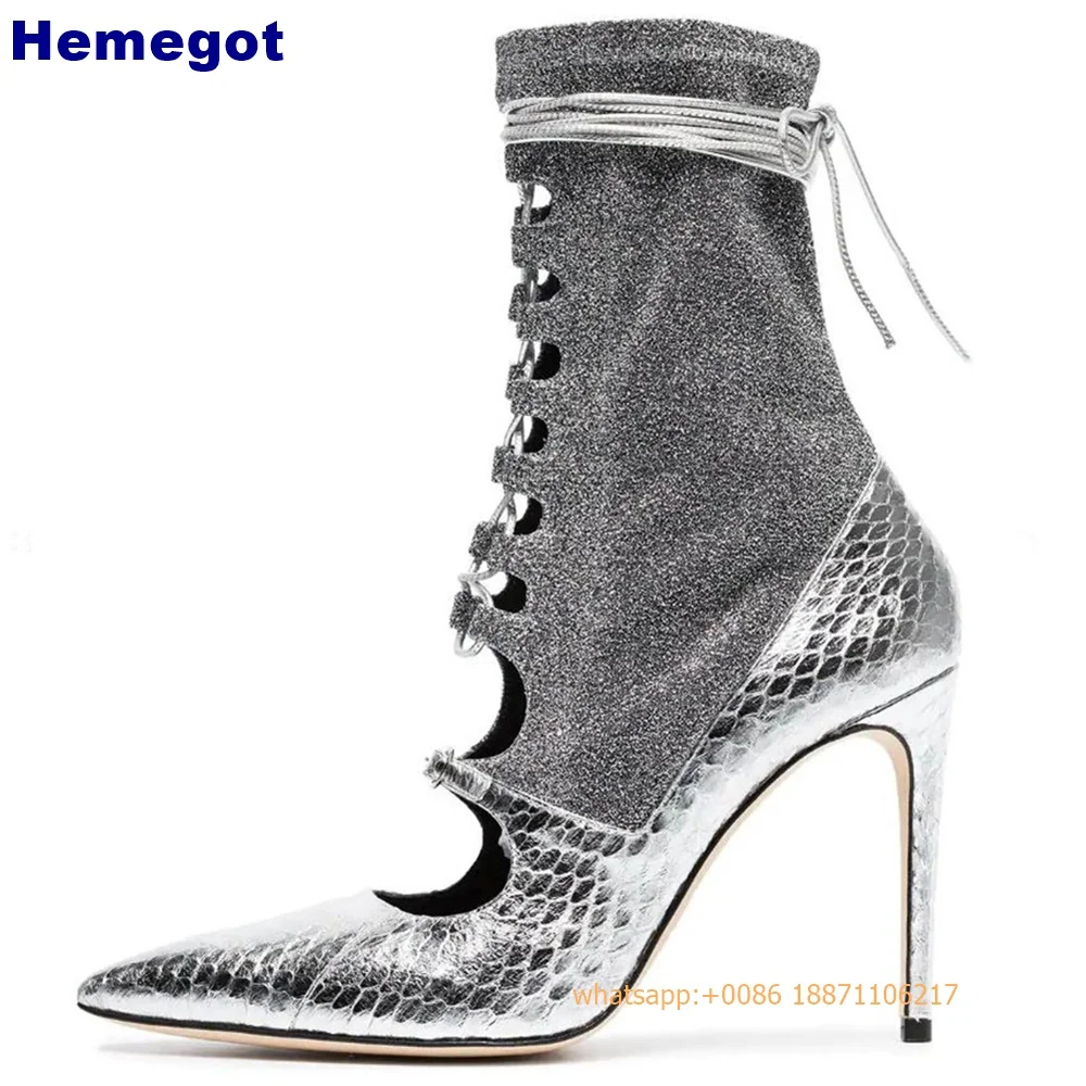 Silver Sexy Hollow Ladies Short Boots 2024 Summer New Street Catwalk Stiletto Lace-Up Socks Boot Fashion Party Casual Zip Boots