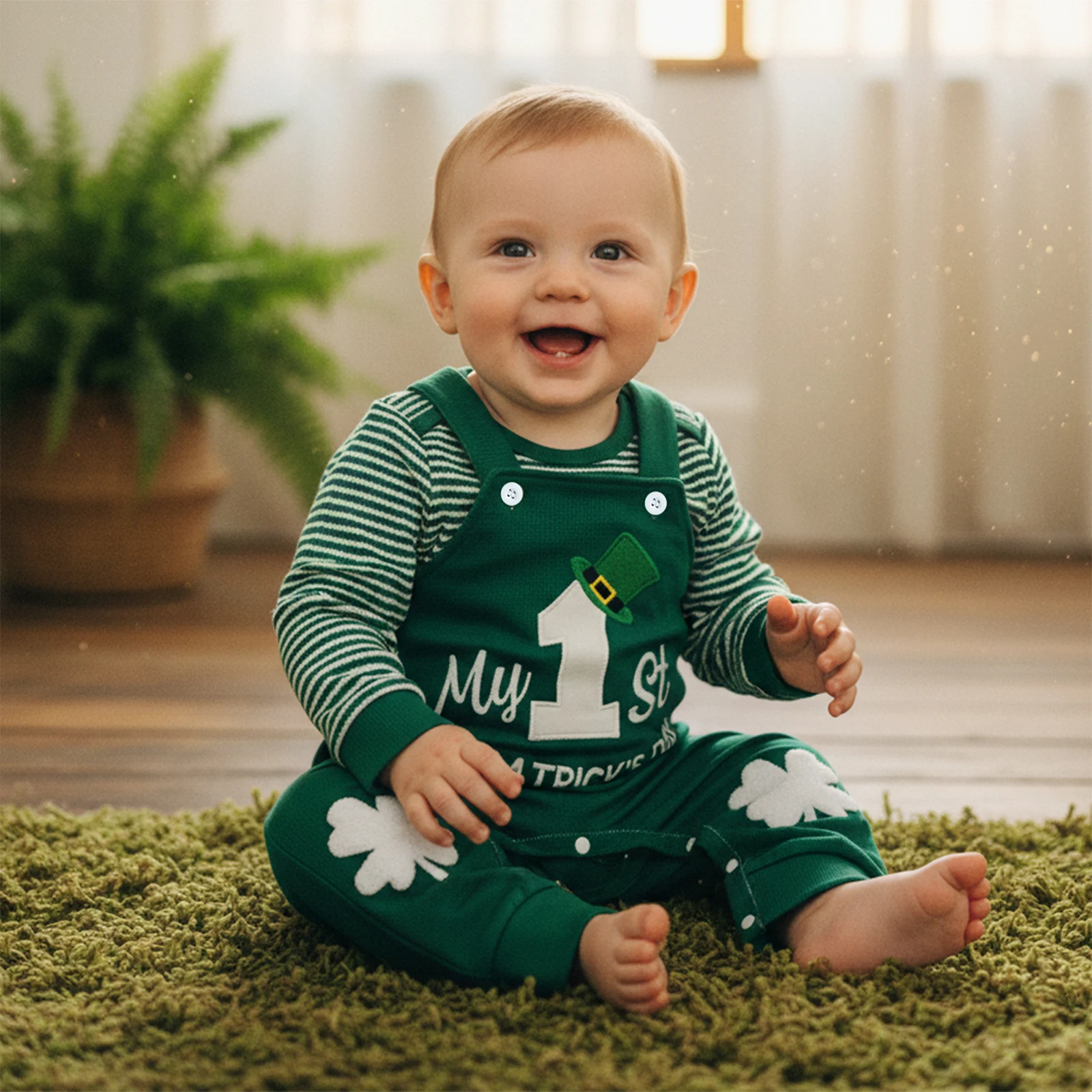Baby Boy Irish Clothing Sets Long Sleeve Striped Romper with Shamrock Embroidery Overalls 2Pcs St. Patrick's Day Outfits