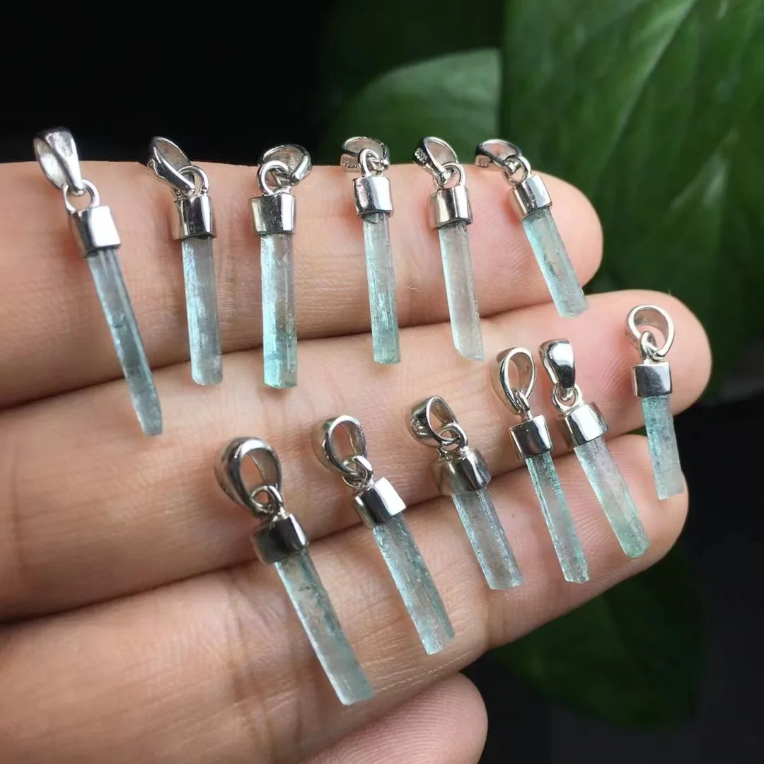 

Unit One Piece 925 Silver Buckle With Cost Effective Natural Blue Tourmaline Gemstone Crystal Healing Column Shape Pendant