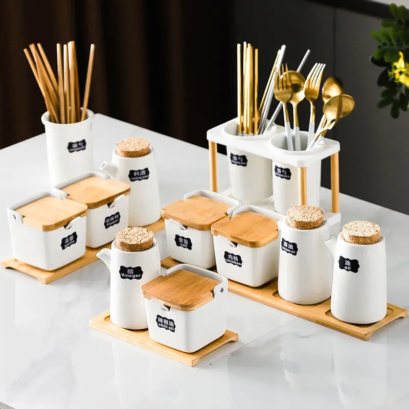 

3pcs Square Ceramic Seasoning Jar Bamboo and Wood Japanese Seasoning Bottle Kitchen Household Salt Jar Seasoning Box Set hot