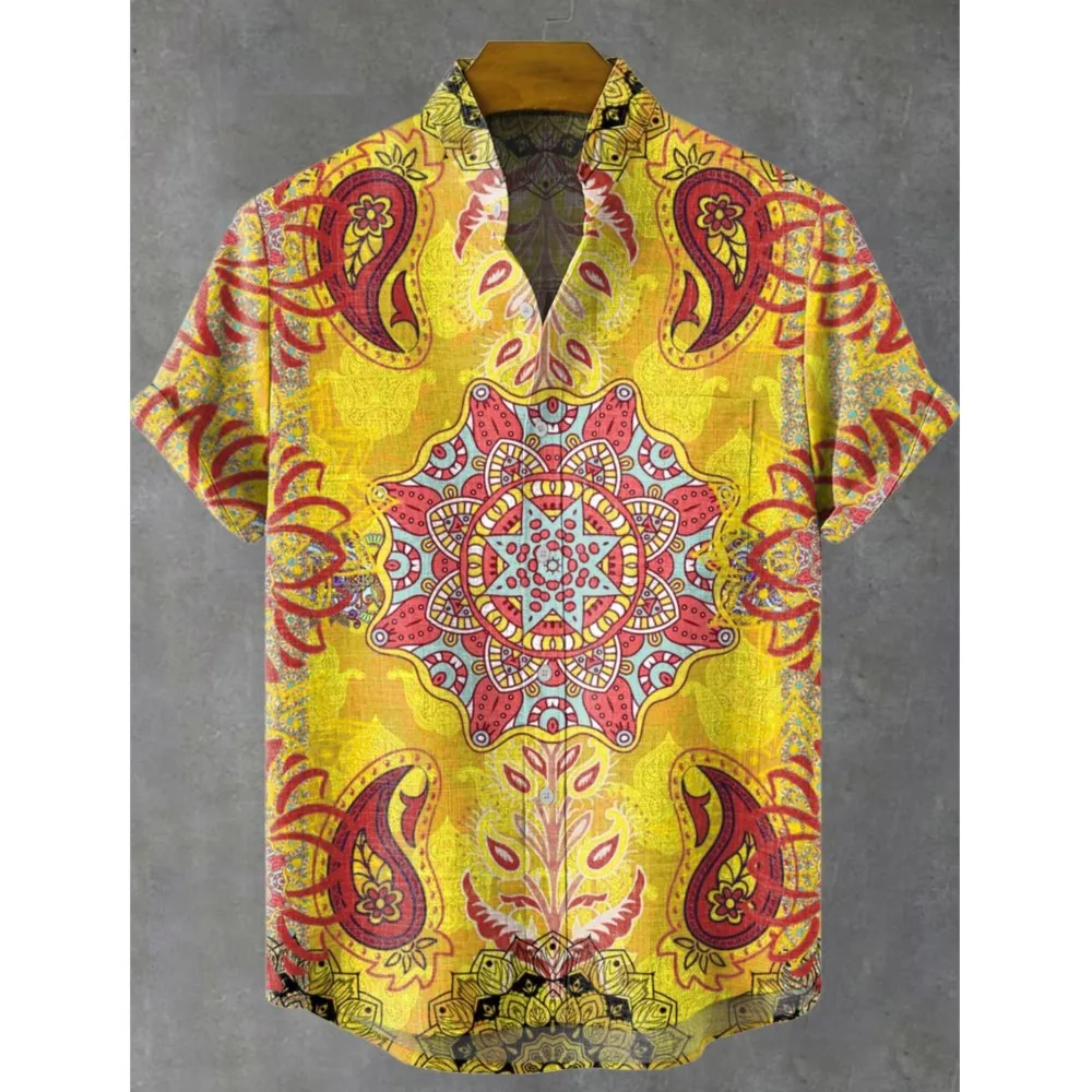 

Moslim Kleding Heren Ретро Племенный Тотем с принтом Мужская льняная удобная тканевая рубашка с короткими рукавами Повседневная уличная мода