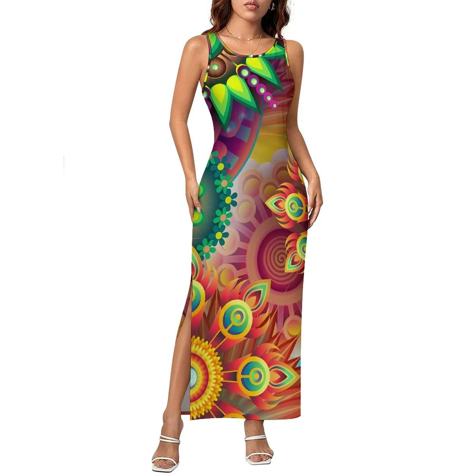 Abito aderente da donna Abiti lunghi moderni Flower Power Abito estivo grafico streetwear senza maniche con stampa floreale vintage di grandi dimensioni