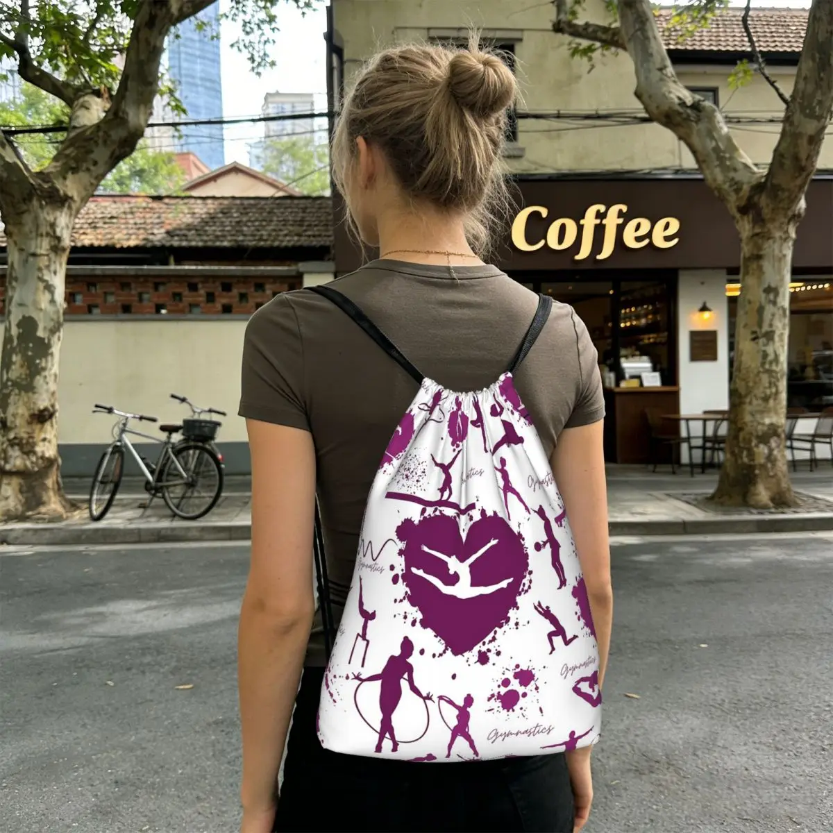 Dance Rhythmic Gymnastics Pattern Backpacks Portable Drawstring Bags Sports Bag Book Bags for Man Woman School