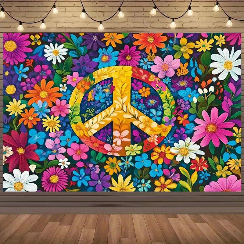 A vivid array of flowers against a background of peace symbols - hippie bohemian style wall decoration