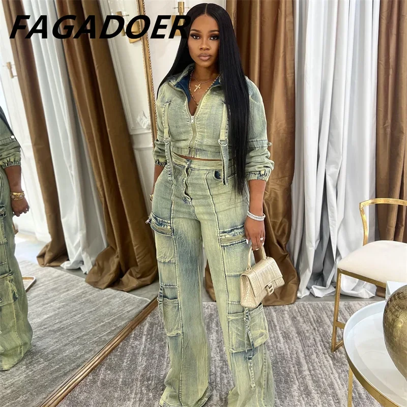 FAGADOER Retro Denim 2 Piece Sets Women Outfit Fashion Zip Stretchy Slim Jackets and Pocket Cargo Jeans Suits Y2K Streetwear