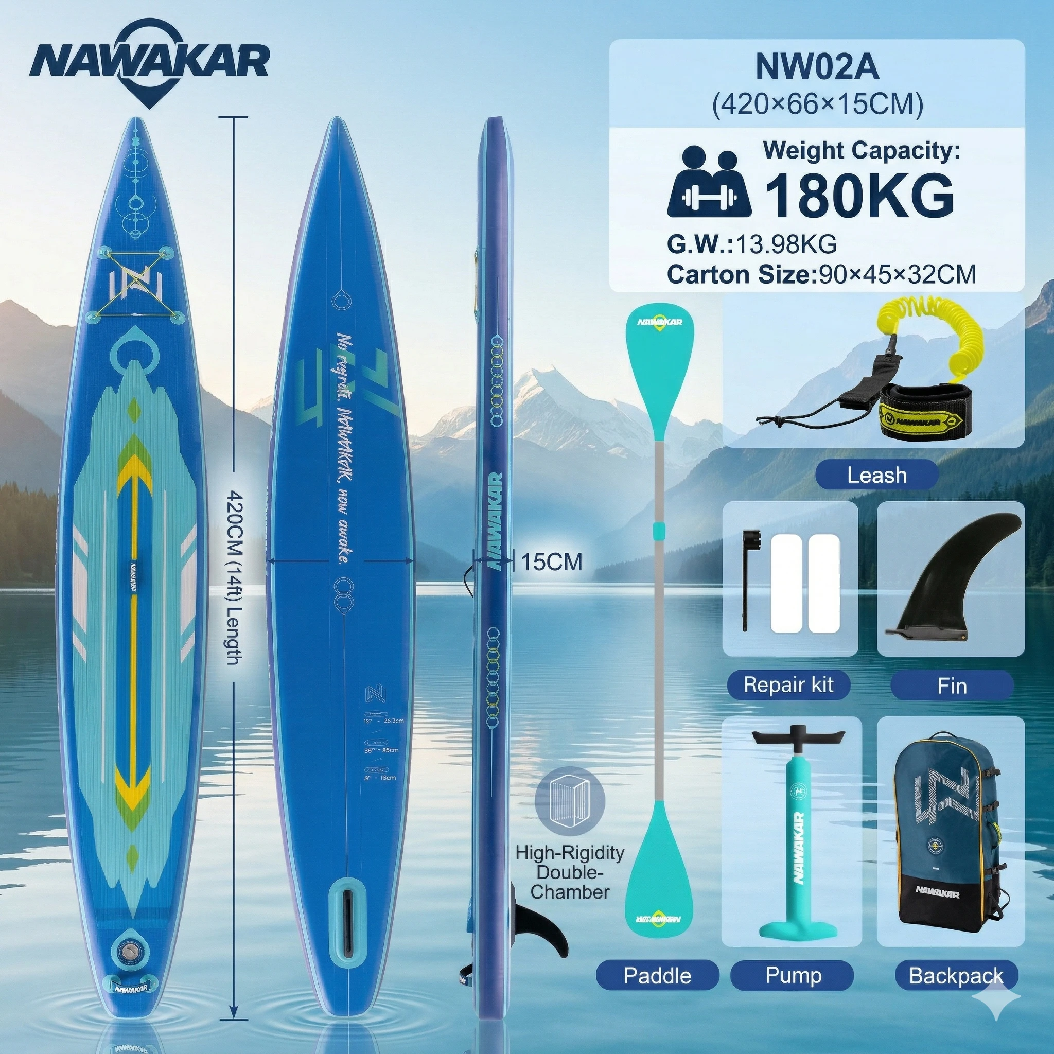 

Надувная доска для сап-серфинга NAWAKAR NW02A 14FT 26" с двойной камерой, гоночная модель ISUP, премиум-комплект, грузоподъемность 180 кг, для взрослых.