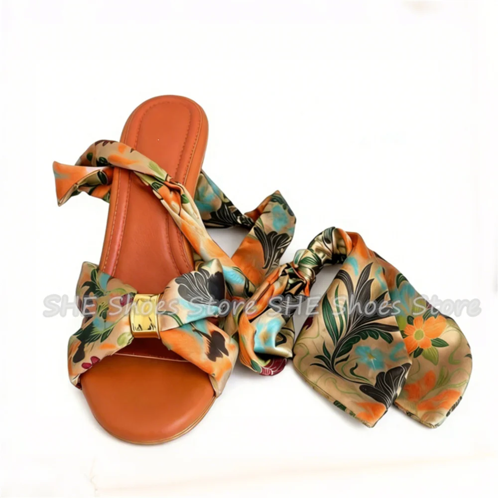 Bohemian Floral Printed Satin Bowknot Women Slippers Summer Peep Toe Chunky Heel Gladiator Sandals Elegant Party Vacation Shoes