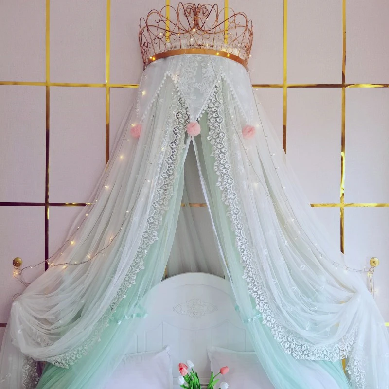 Princess Crown Mosquito Net Bed Curtain Zipper All-Inclusive Mosquito Protection Bedroom Wall Decor Embroidered Lace Bed Curtain