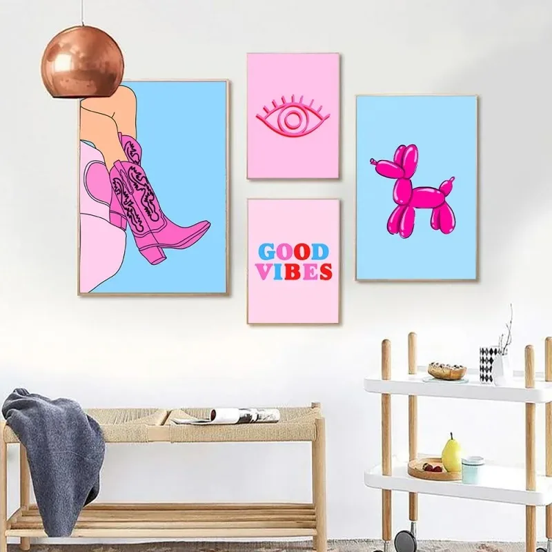 Pink  Heart Eye Preppy Leopard Wall Art Chill Pill Balloon Dog Canvas Poster Cowgirl Boots Pictures Cartoon Dorm Room Decor