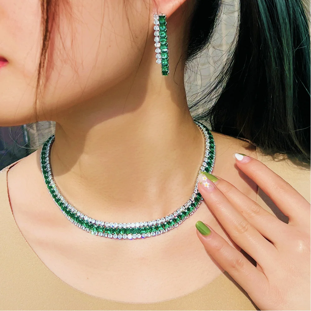 Pera Elegant Shiny Green White Baguette CZ Silver Color Nigerian Women Bridal Wedding 2pcs Necklace Earrings Jewelry Sets J187