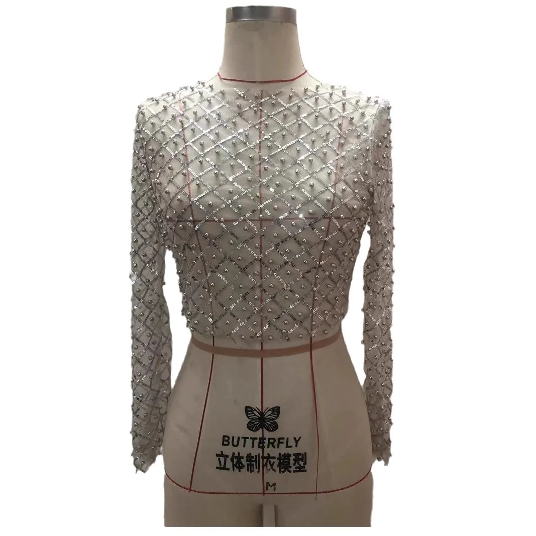 Sexy perlé longue Sve Me haut femmes Faion 2023 nouveau chaud S paillettes tricoté mince printemps saison T-irt pour dames