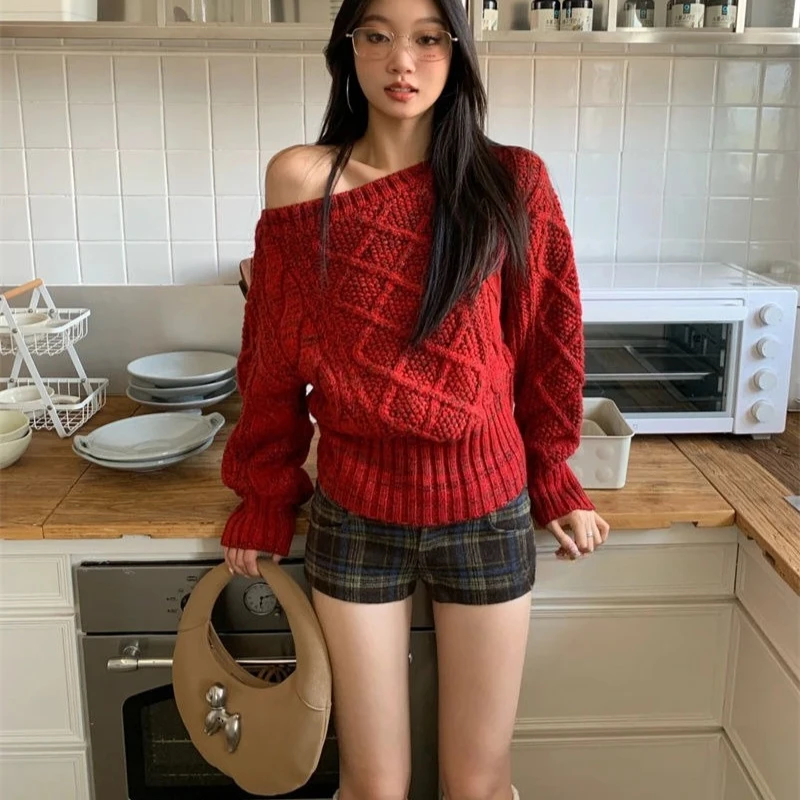 

Deeptown Vintage Red Sweater Women Korean Style Sexy Off Shoulder Pullovers Retro Solid Oversize Long Sleeve Jumpers Aesthetics
