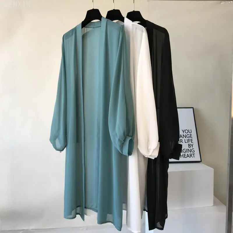 long Jacket Women Summer Thin Loose See-through Sunscreen Pure Long Sleeve Sexy Coat Chiffon Bohemian Female New Fashion Tops