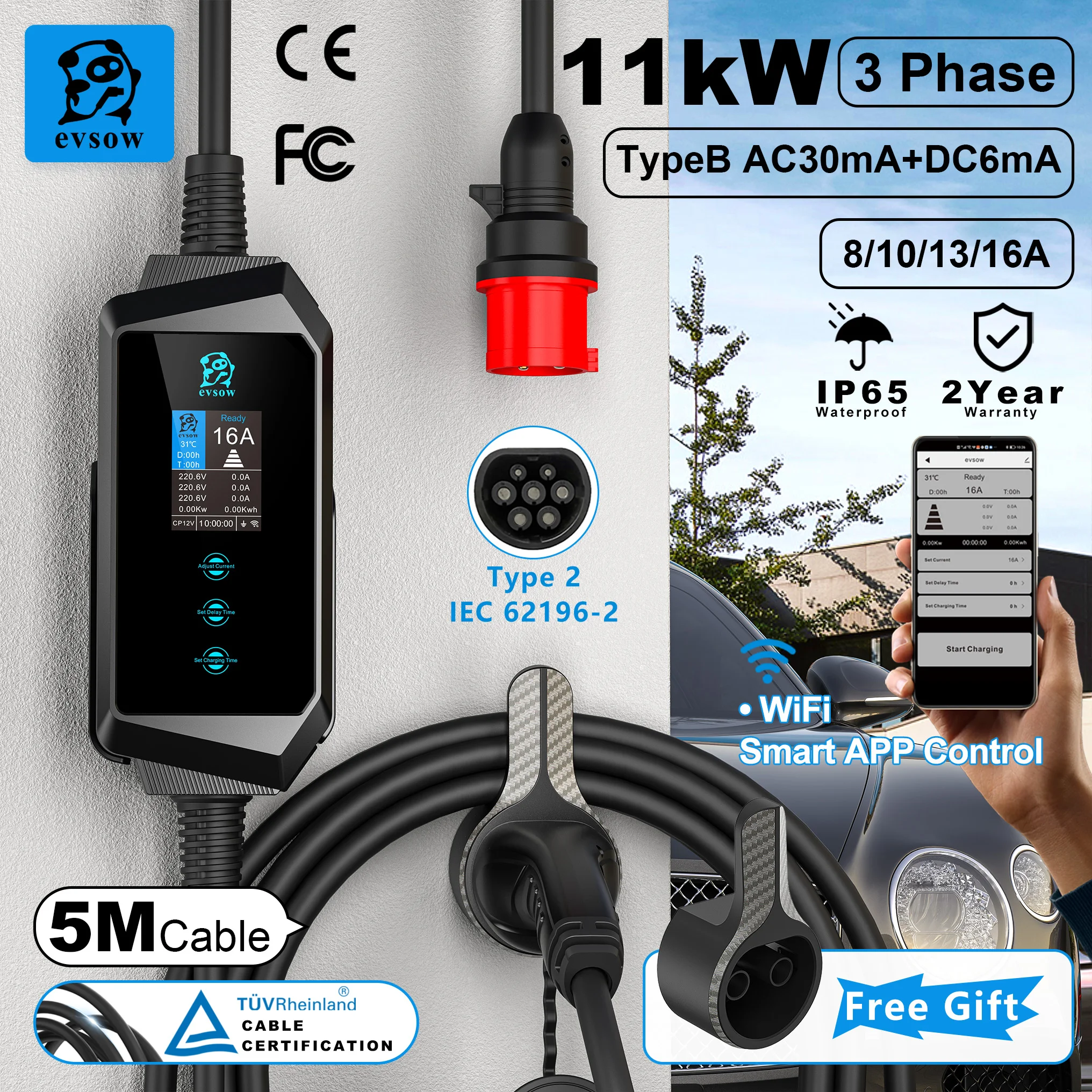 evsow 11 kW tragbares EV-Ladegerät mit WIFI-APP-Steuerung, 16 A Elektroauto-Ladegerät EVSE Wallbox,