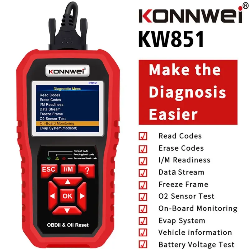 KONNWEI OBD2 KW851 Car OBD 2 Scanner Professional Diagnostic Tools Vehicle Maintenance Reset-Tool Auto Engine Check Code Reader