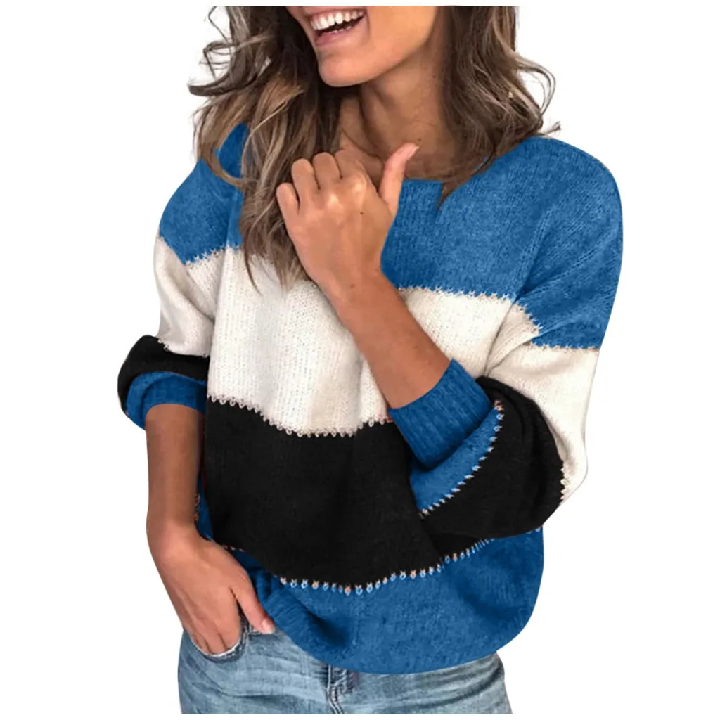 Women Stripe Sweater Loose Crew Neck Knit Tops Long-Sleeved Knitted Jumpers Patchwork Color Warm Sweaters Leisure Warm Pullover