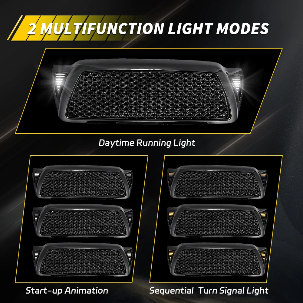 1Pcs Front Bumper Mesh Insert Grill Hood Gloss Turn Signal Light DRL Light Black Dragon Style W/LED For 2005-2011 Toyota Tacoma