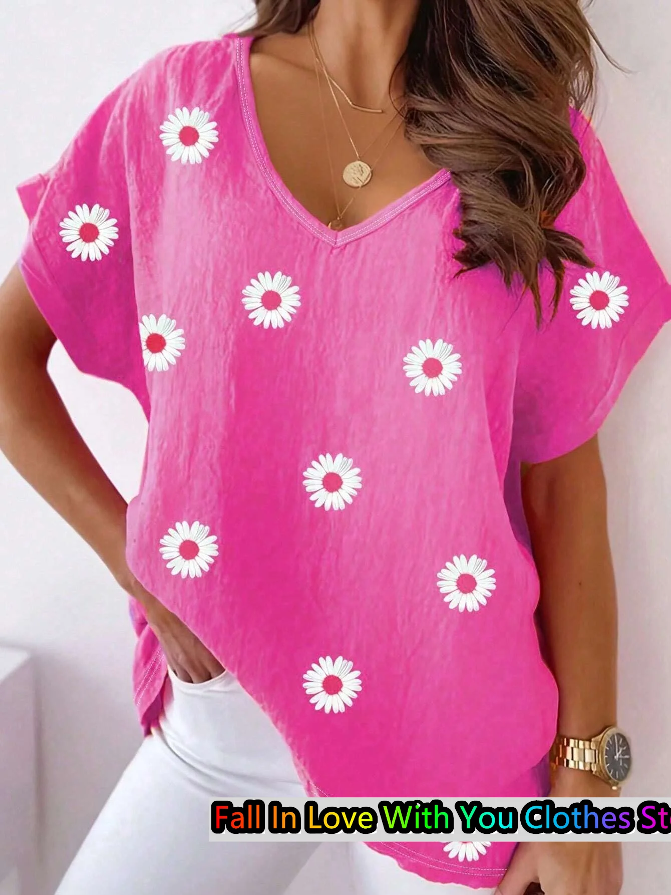 Damen-T-Shirt mit Gänseblümchen-Motiv, lässig, V-Ausschnitt, kurzärmelig, Sommermode, lässig, locker, übergroß, Tops, tägliche Damenbekleidung