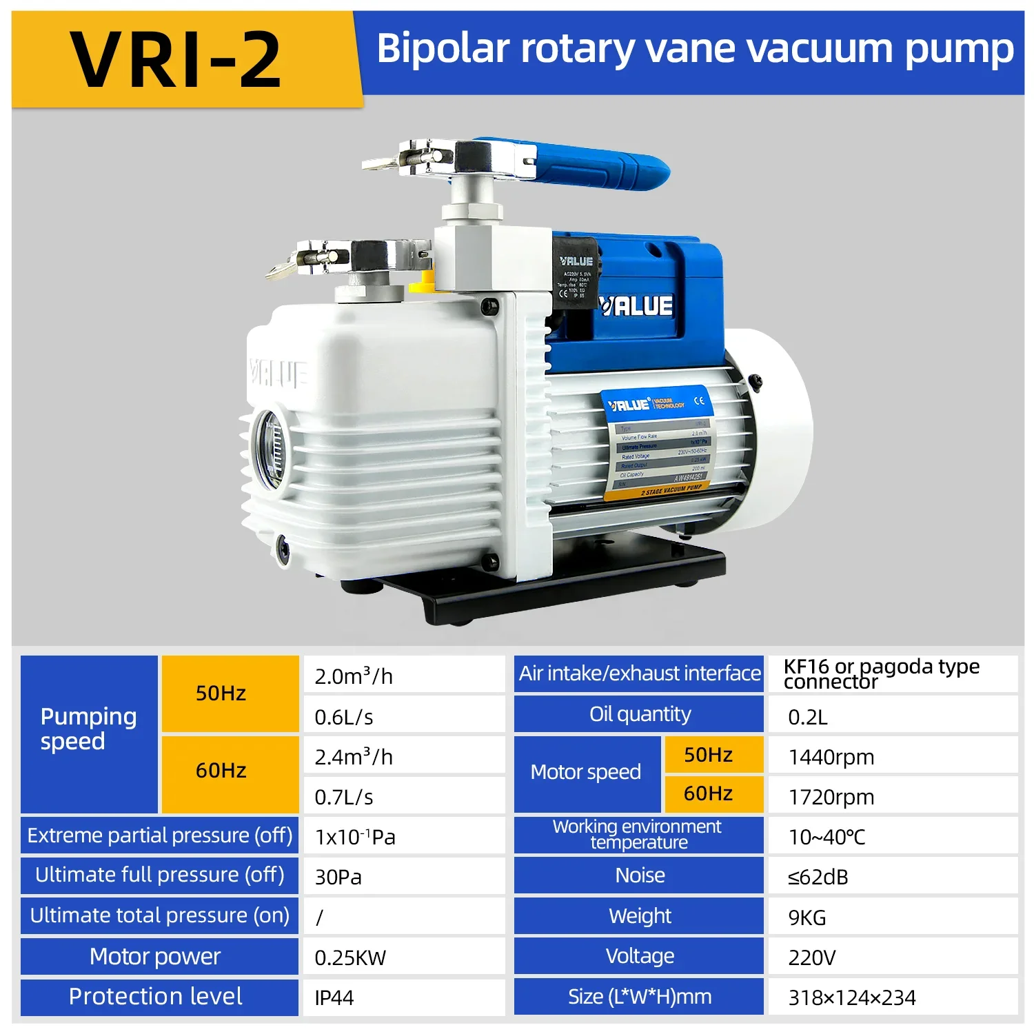 VRI-2 High Pressure Two-stage Dual Stage Mini Rotary Vane HVAC AC Vacuum Pump with 2~2.4m/h Speed and 250W Power