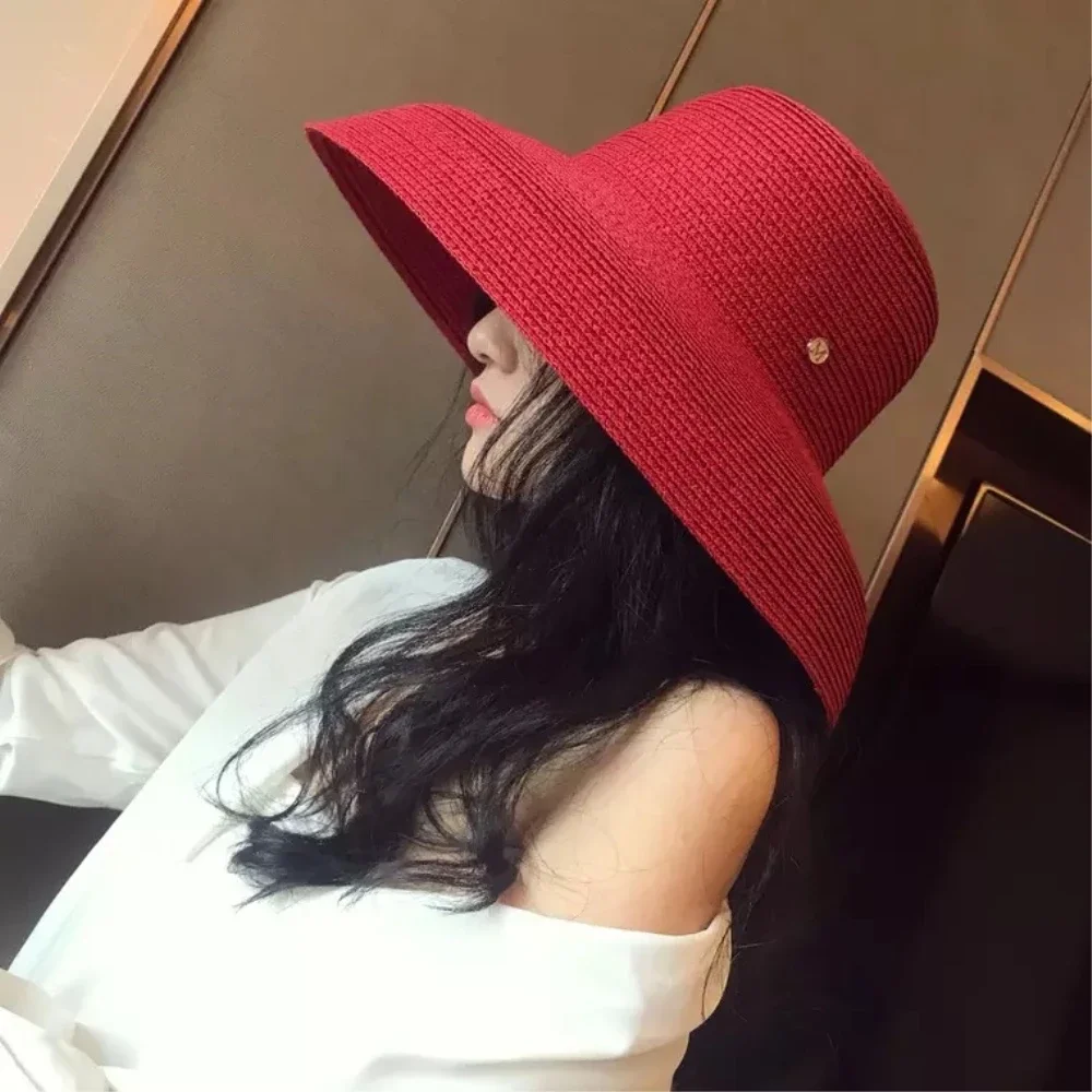 1910-shi aggiungi red British fabrication design summer UPF50+ Sunscreen Hepburn elegant lady straw leisure cap women bucket hat