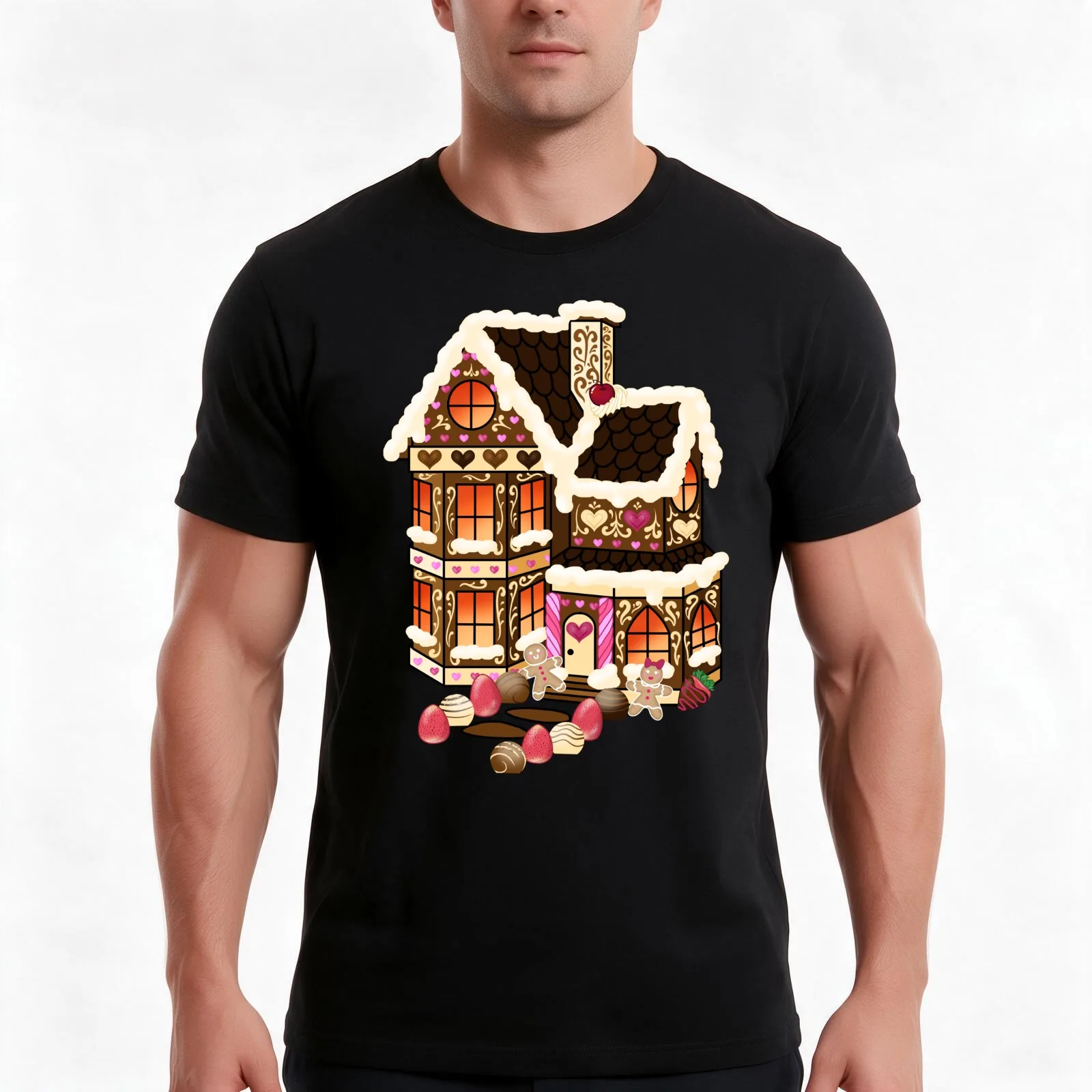 Valentine's Gingerbread House T-Shirt Summer Casual Cotton Tee Oversized Streetwear Tops Vintage Graphic Print 100% Cotton