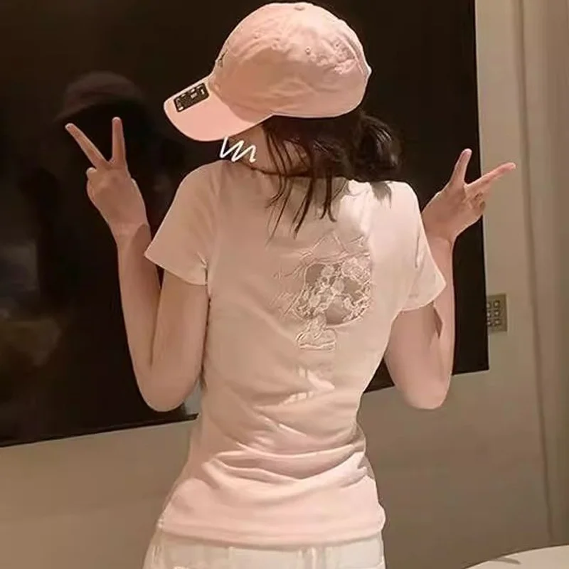 

Sanrio HelloKitty T-shirt Women Y2k Streetwear Solid Simple Casual Sexy Basic Crop Slim Top Fashion Halterneck Female Clothes