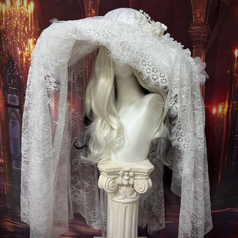 White Lace Widow Hat Halloween Witch Headwear Festival Lolita Veil Bonnet Gothic Cosplay Accessory for Themed Party Dress-up