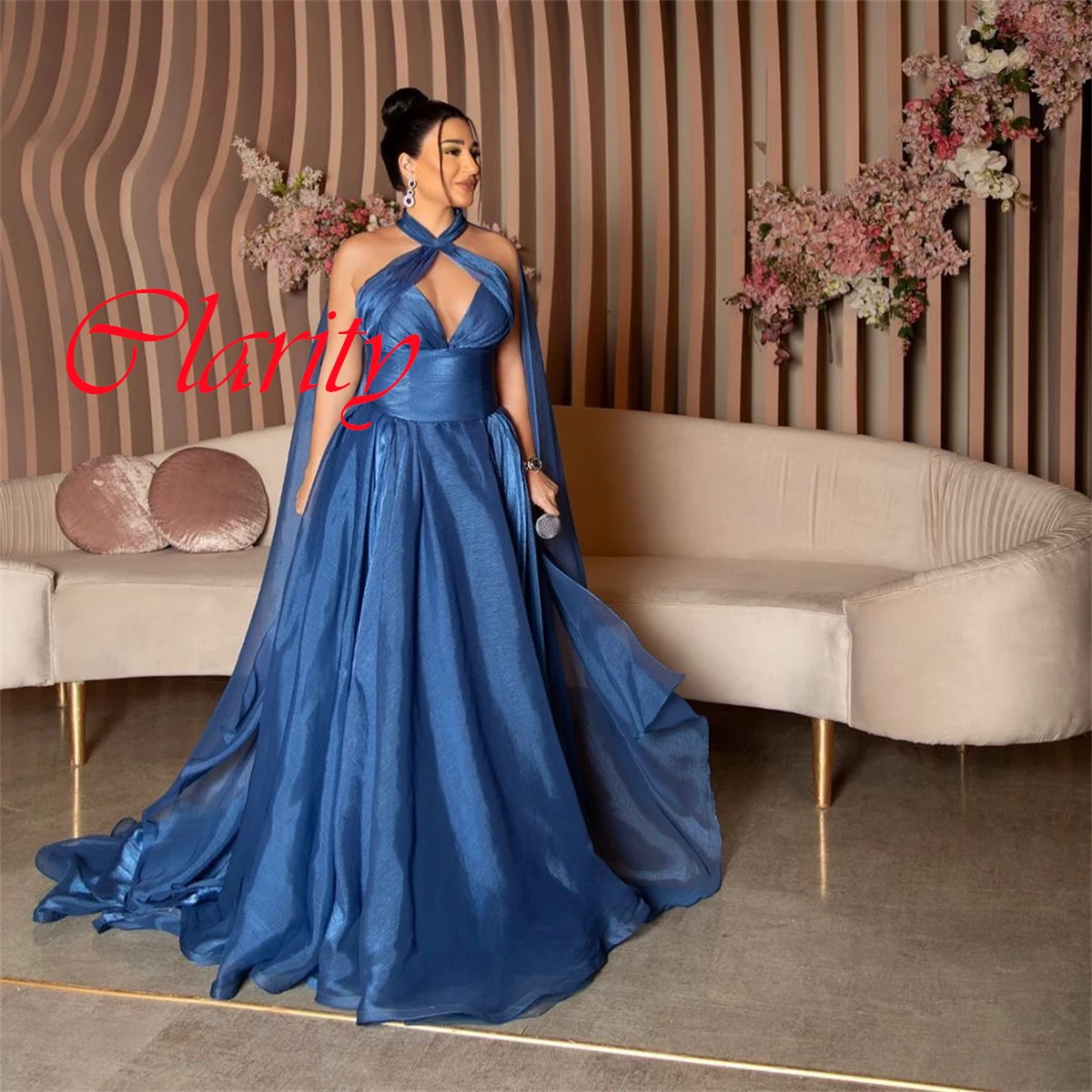 Customized Exquisite Blue Satin Evening Dress Temperament Halter Sleeveless Zipper Back Sweep Train Special Occasion Gowns