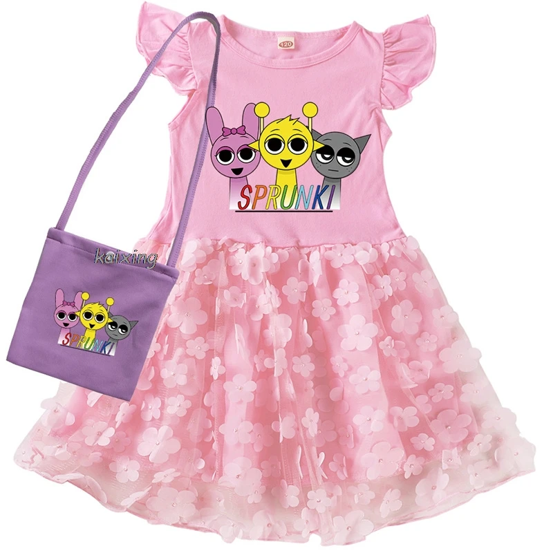 Cute Sprunki Cartoon Clothes Kids Wedding Party Lace Dress Baby Girl Short Sleeve Casual Dresses with Small Bag Children Vestido