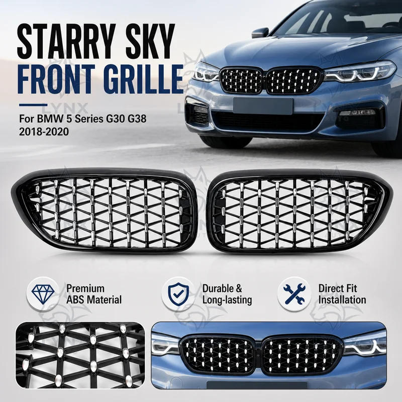 For BMW 5 Series G30 G38 2018-2020 ABS Black Frame Silver Dot Starry Sky Grille Half Silver Front Intake Radiator Grille