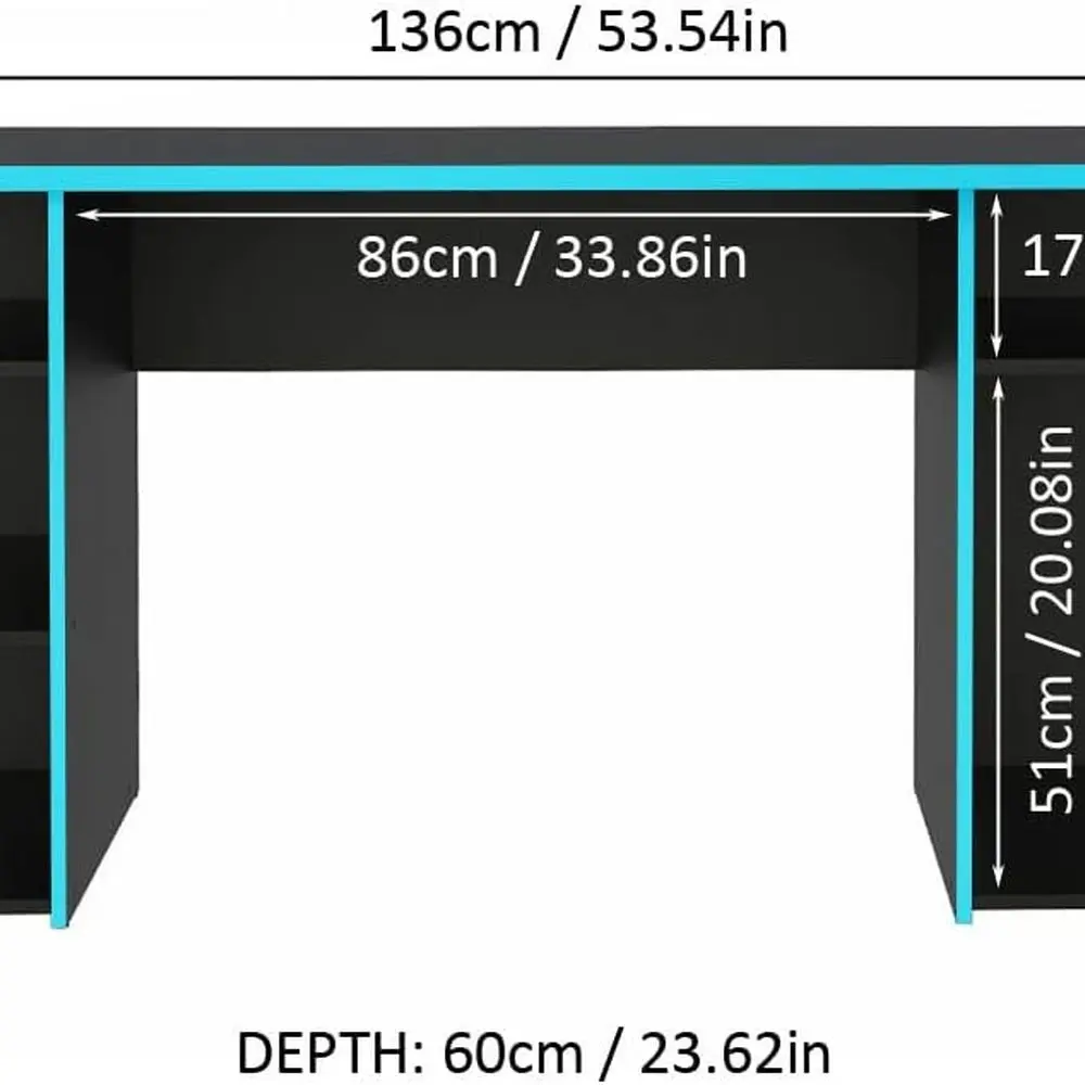 53 مكتب ألعاب مع 5 أرفف، إدارة كابلات، للدراسة والمكتب المنزلي والأطفال والكبار - أسود/أزرق