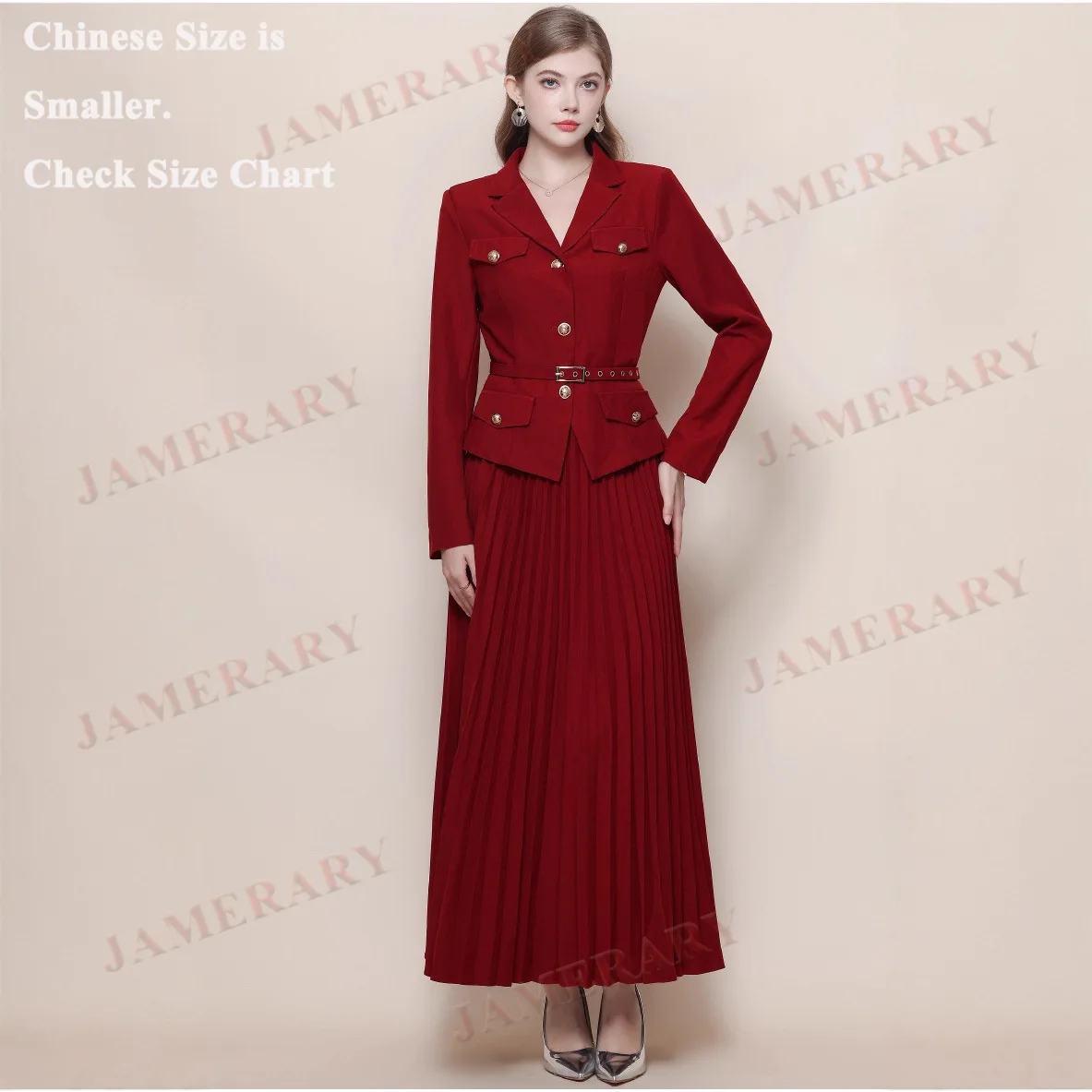 

Autumn Two Piece Set Women Suit Coat Blazer + Pleated Chiffon Skirts Suits Full Sleeve Office Lady Jacket Long Dresses Formal