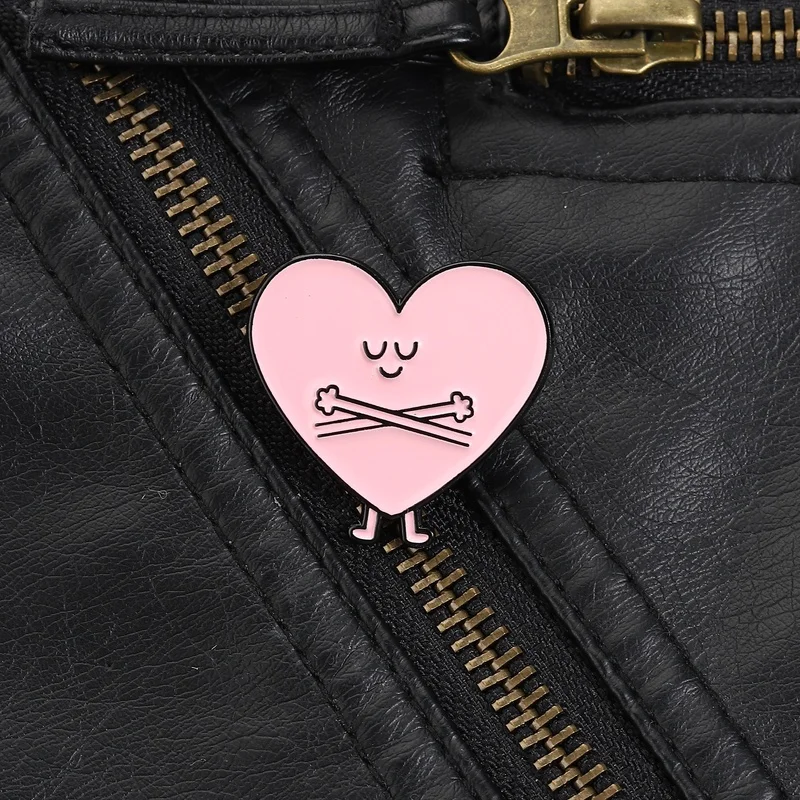 Crossbones Heart Pin Sweet Spooky Design Grinning Pink Heart with Little Legs and Bones for Pastel Goth Fans Casual Accessory