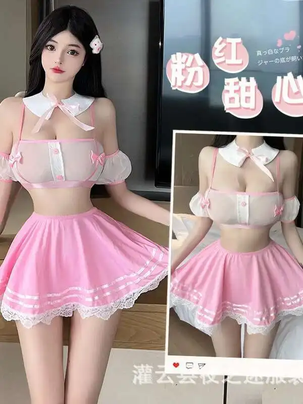 ตาข่ายลูกไม้ Sheer Mini Dress ชุดแม่บ้านเซ็กซี่ Passion Pure Desire Robe ชุดเดรสเซ็กซี่ร้อนเซ็กซี่ผู้หญิงเกาหลีเสื้อหวานชุด 9JNL