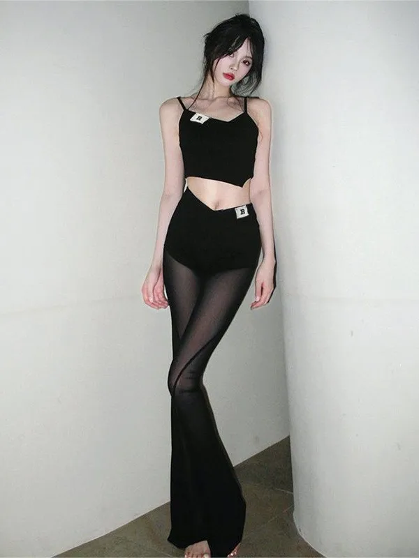 

Women's Mesh Splicing Small Suspender Pants Set Casual Straight Leg Pants mid Low Waist PVC Fabric PU Material Splicing Design