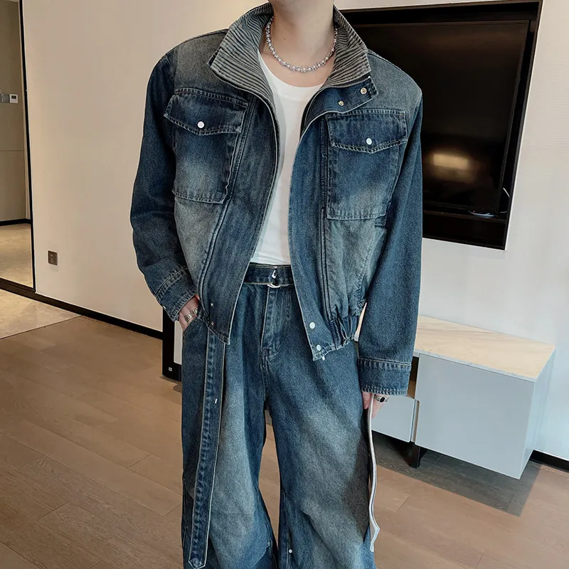 

Cool Men's Faion Set Waed Denim Jaet And Knife Long Pants Two-Piece Suit Autumn Trendy Clothing for Young Men