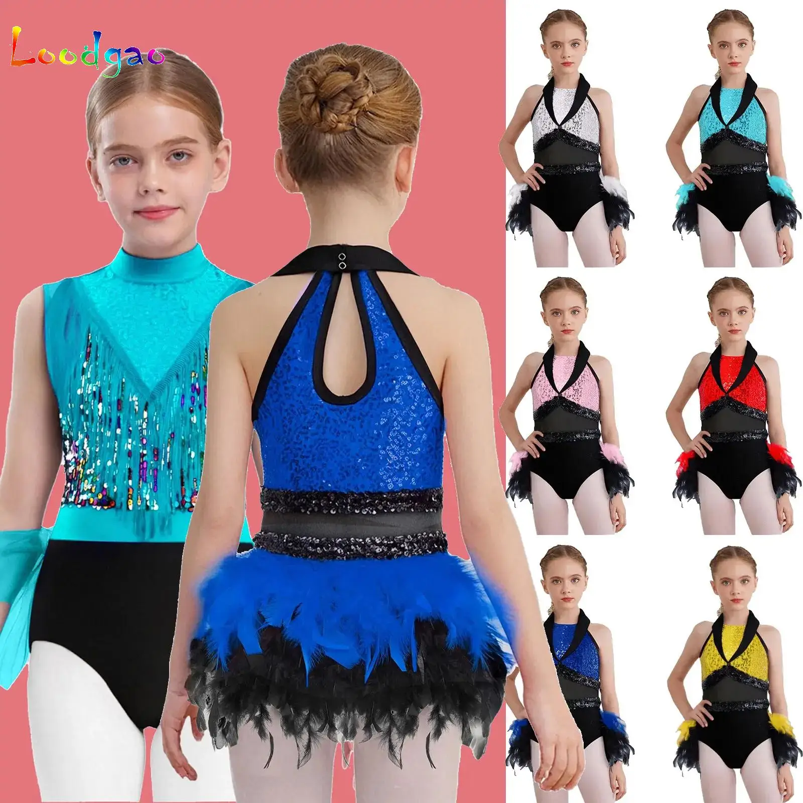 

Kids Girls Sequin Jazz Dance Dress Sleeveless Feather Leotard Dancewear One-Piece Jumpsuit for Latin Figure Skating Performance