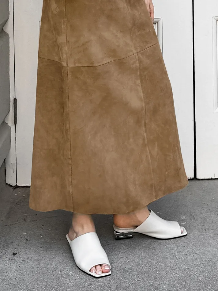 MsChuh Women's Midi Skirt High Waist Suede Texture Straight Long Skirt Ropa Mujer Elegant Office Daily Dating Weekend Occasion