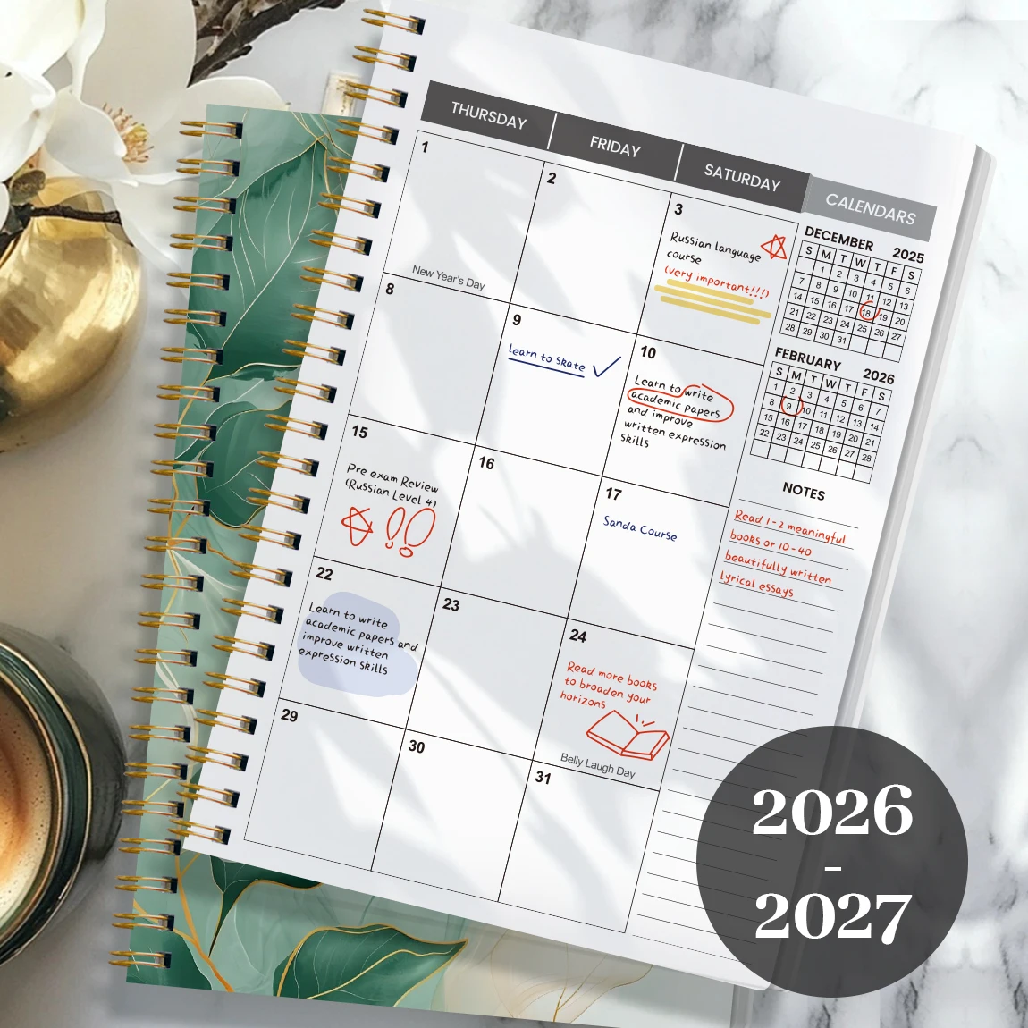 2026-2027 مخطط شهري A5، ملزمة حلزونية، غطاء ألوان مائية على شكل أوراق خضراء، منظم تقويم لمدة 24 شهرًا مع ورق سميك غير منتفخ