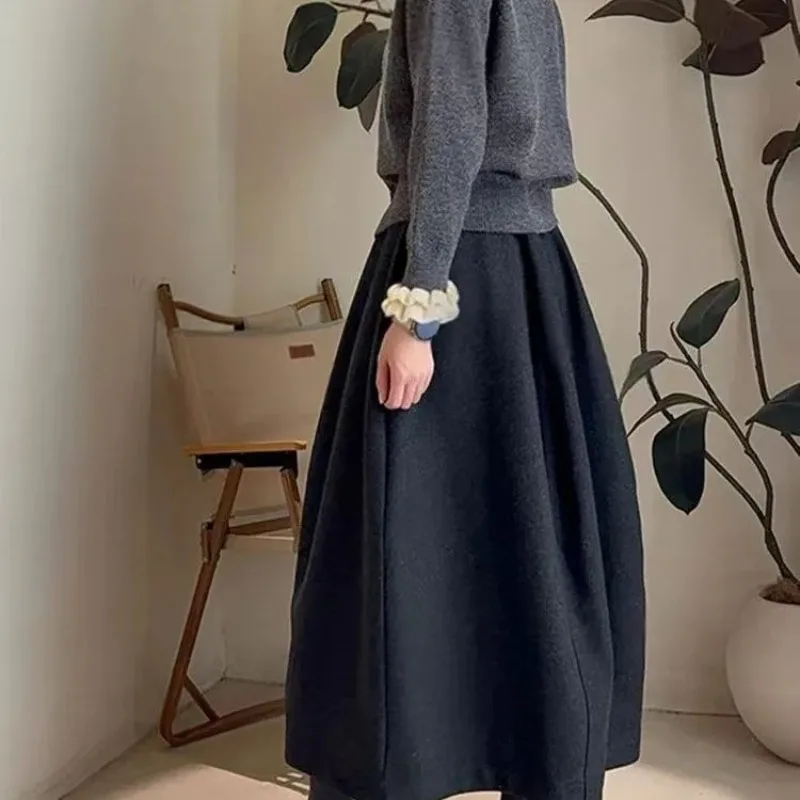 Women Autumn Winter New Fashion Versatile A-Line Skirt Female Thicken Elastic High Waisted Loose Bud Skirts Solid Casual Skirts