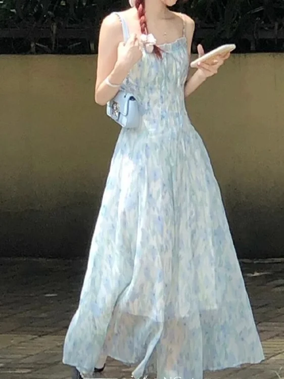 Sweet Blue Floral Print Strapl Dr Women's Summer New Sle Slimming Waist High Waist A-Line Long Dr Korean Sle