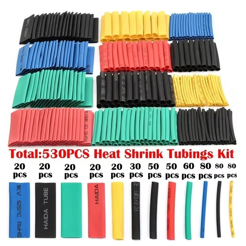 530PCS Heat Shrink Tubing Insulation Shrinkable Polyolefin Ratio 2:1 Wrap Wire Cable Sleeve Tubes Kit