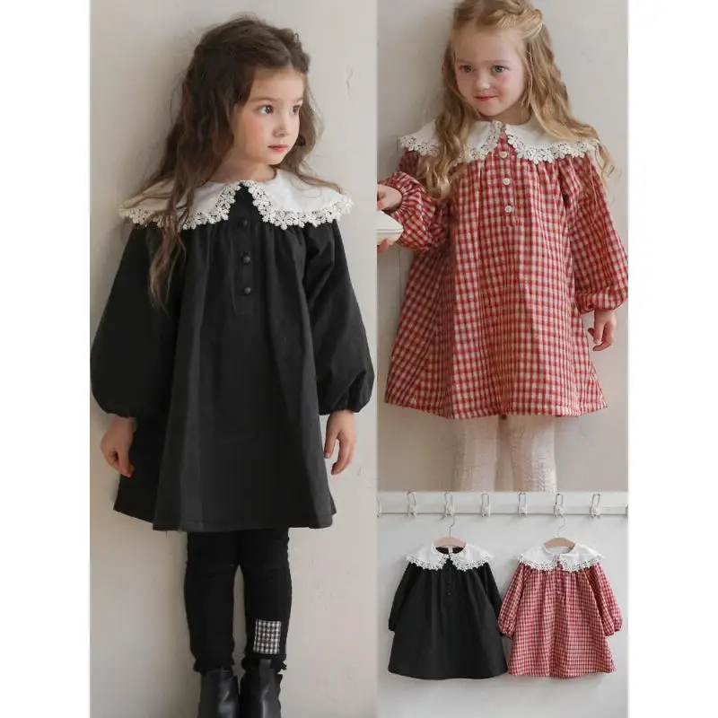 

Dress with Lace and Fleece Lined for Children Girls Spring Autumn Winter New Style Korean Fashion Lapel Loose Check Pattern