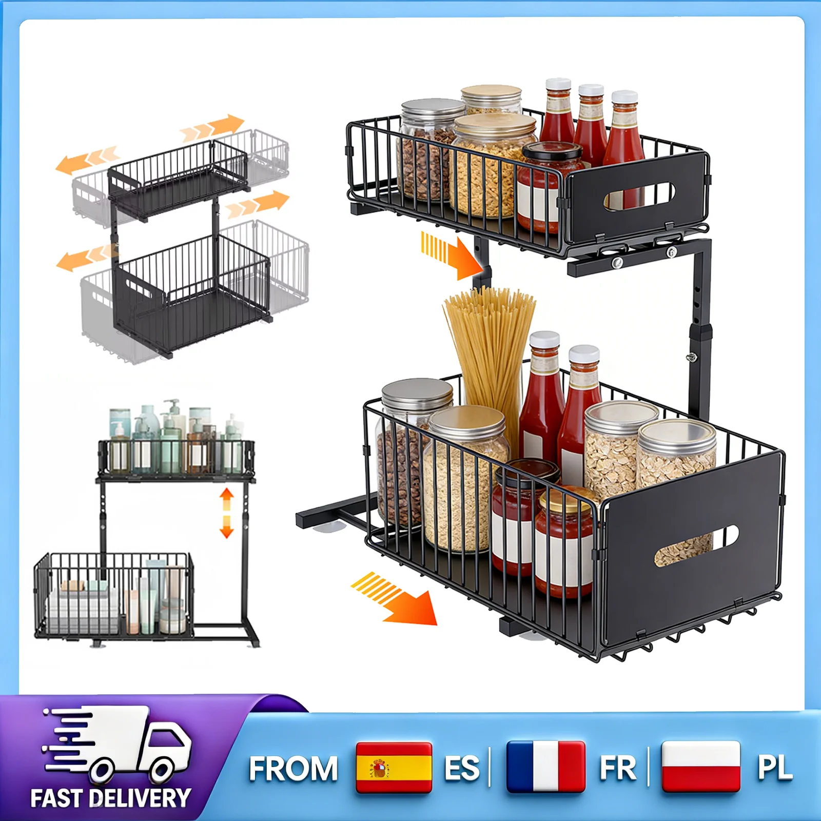 Panier de rangement coulissant multi-usages à double couche avec roulement à billes pour l'organisation des armoires et comptoirs de cuisine